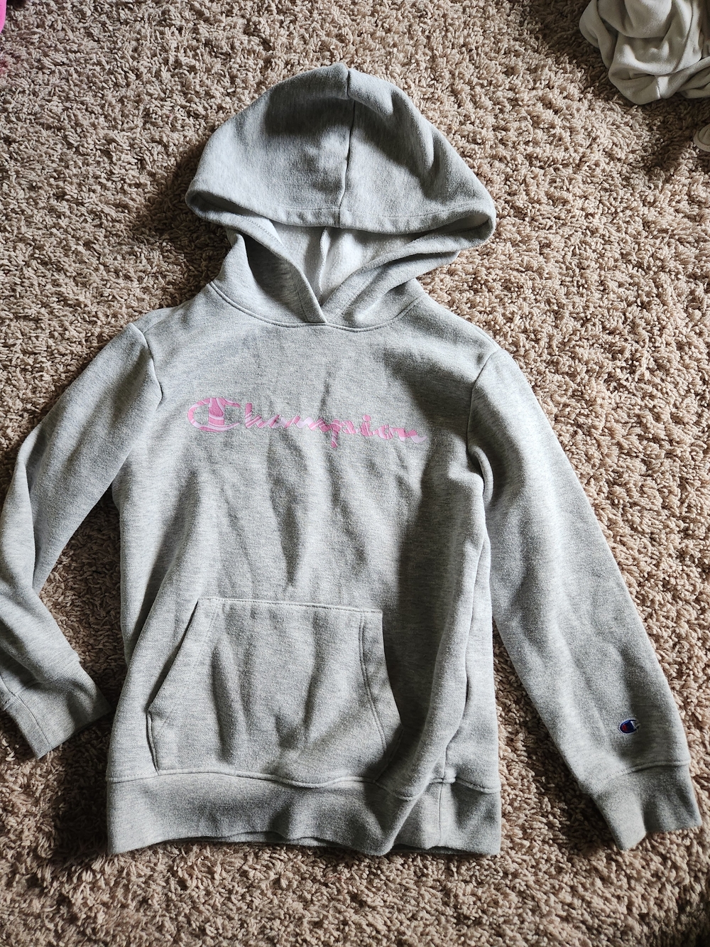 Champion Light Gray Hoodie with Pink Script Detail